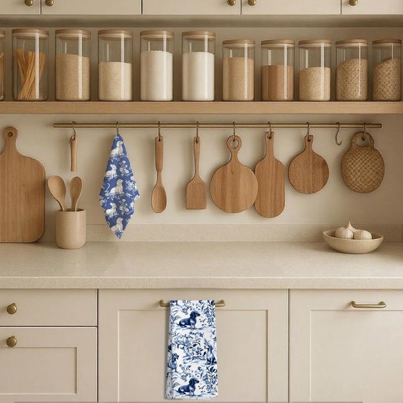 Nipil Chinoiserie Dachshund Kitchen Towels Set of 3, Blue and White Floral Botanical Dachshund Decorative Dish Tea Towels, Grandmillennial Weiner Dog Hand Towels for Kitchen Bathroom, 16x24 Inch - Image 4